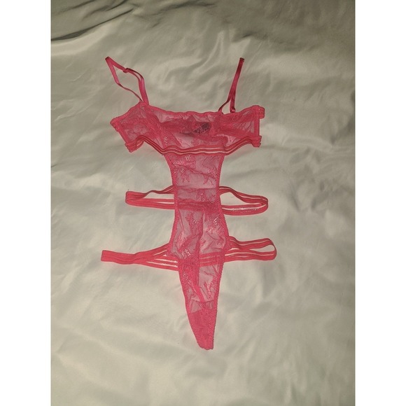 Victoria's Secret Tops - Victoria's Secret Pink Lace Cutout Teddy Bodysuit Sheer